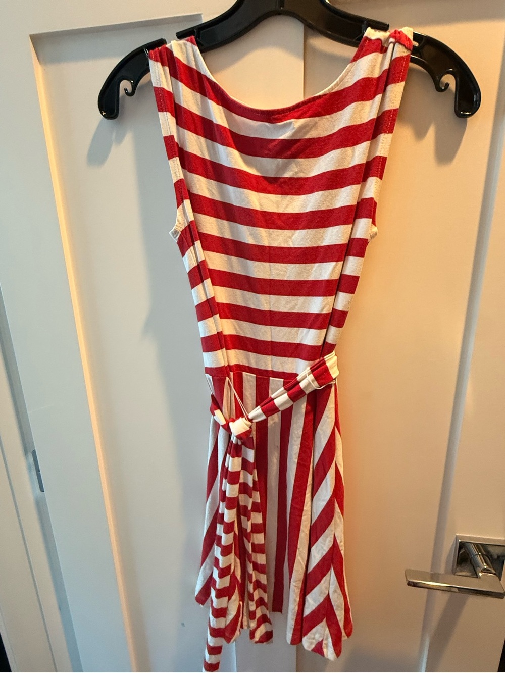 LOFT Red and White Striped Sleeveless Dress with Tie Waist